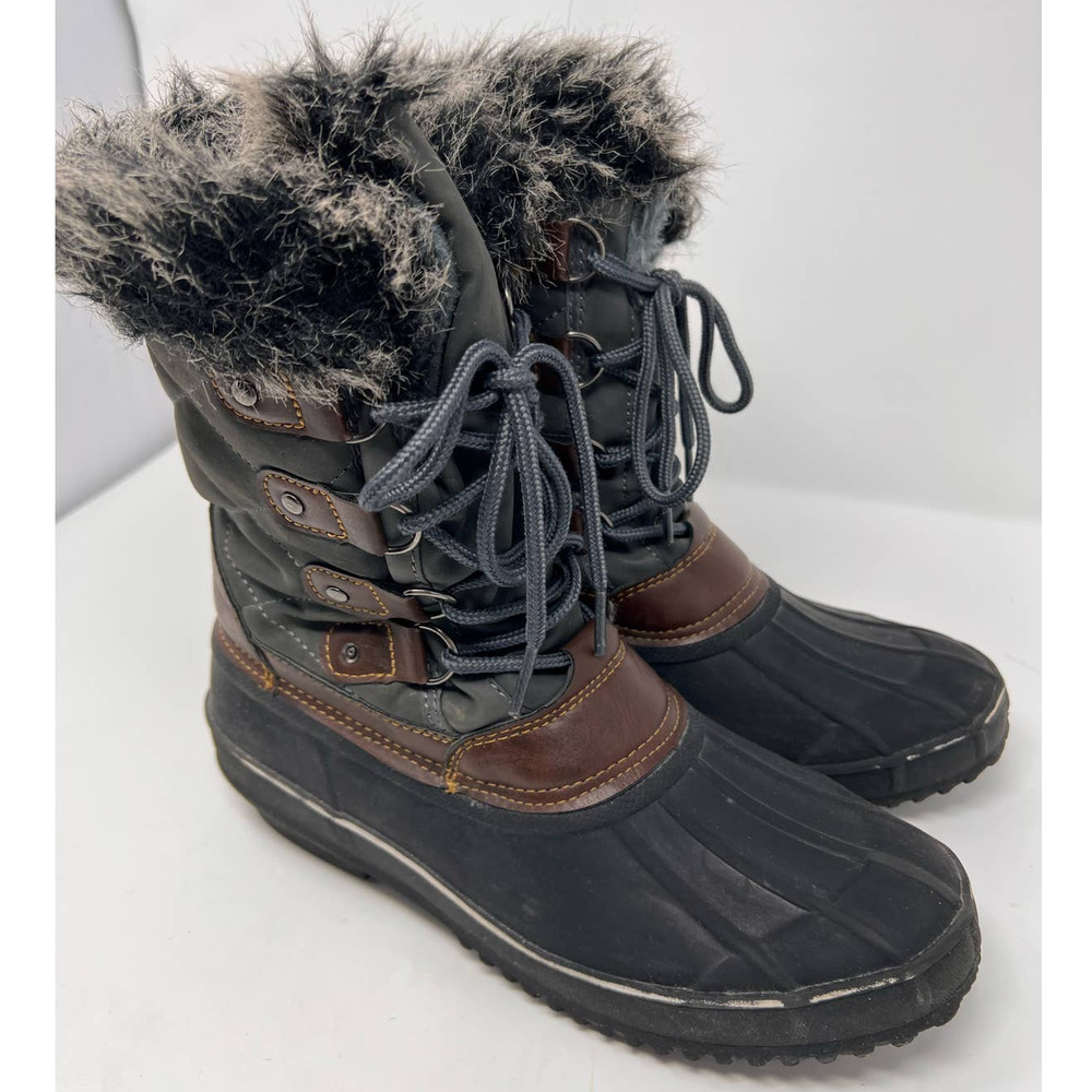 Itasca Rubber Duck Boots Women's Black Gray Brown Fur Inside Lace Up Size 8
